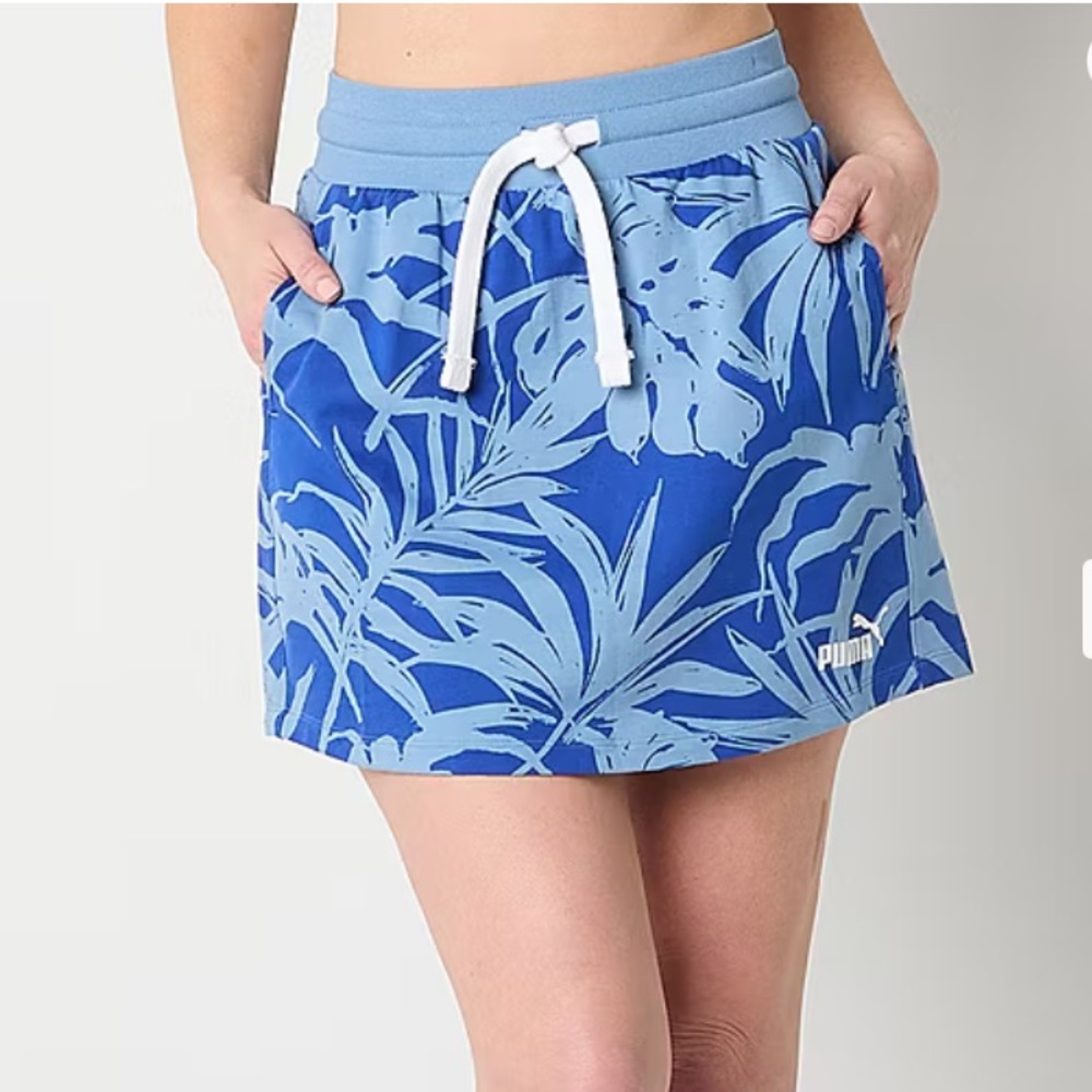 PUMA Women's XL New Blue Leaf Print Terry Drawstring Waist A-Line Mini Skirt NWT